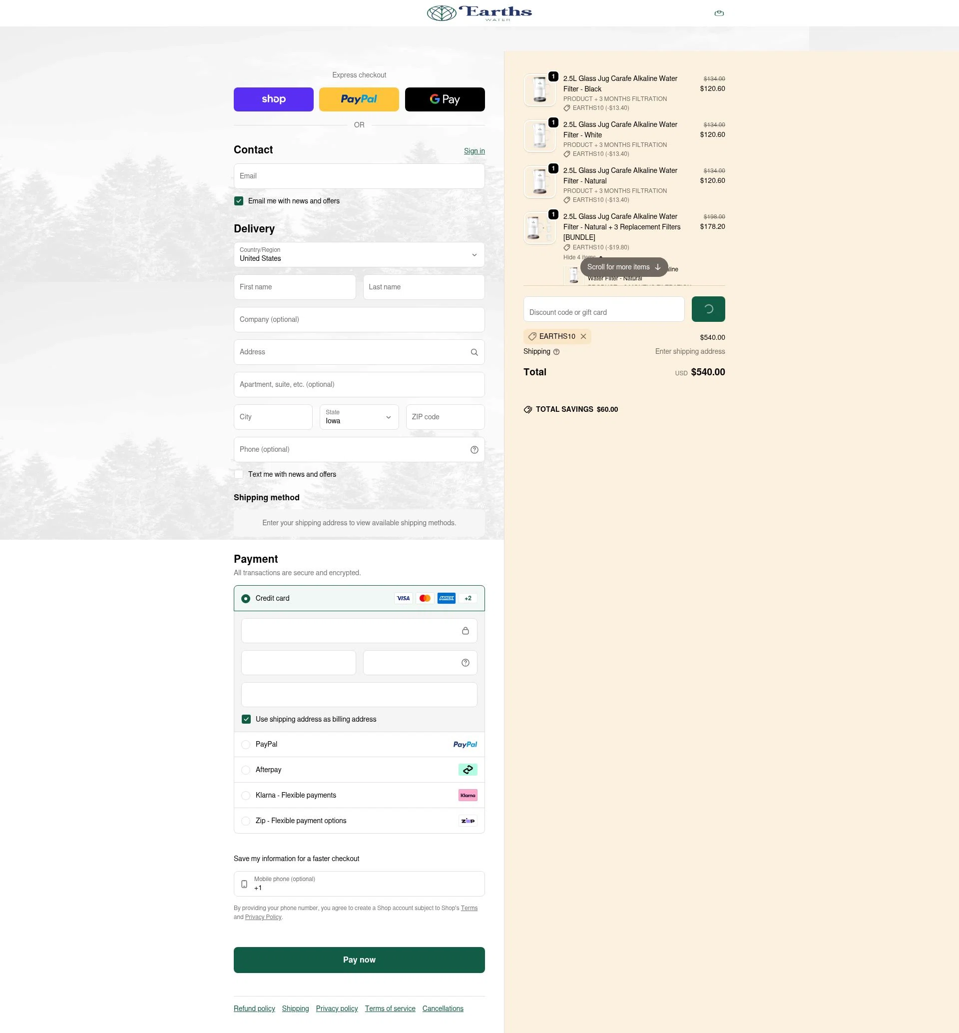 Earths Water checkout page showing Earths Water promo code box | Screenshot taken by SimplyCodes community member on Feb 5, 2026