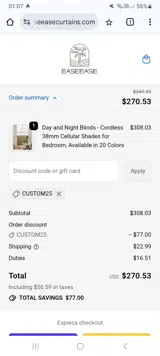 CUSTOM25 coupon verification screenshot