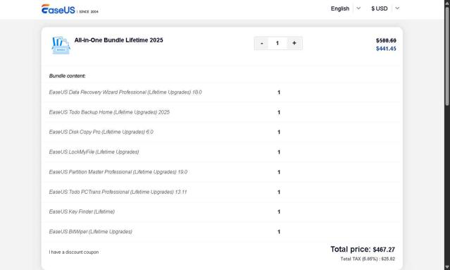 EaseUS checkout page showing EaseUS discount code box | Screenshot taken by SimplyCodes community member on Aug 27, 2025