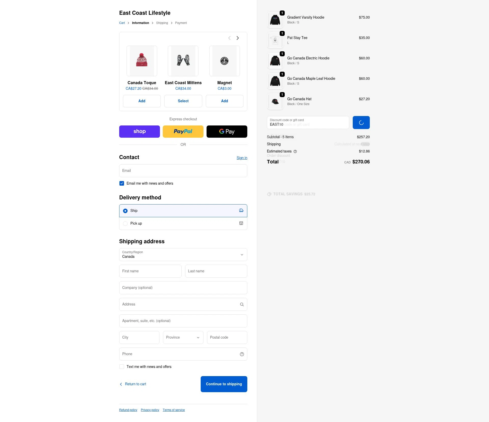 East Coast Lifestyle checkout page showing East Coast Lifestyle promo code box | Screenshot taken by SimplyCodes community member on Feb 17, 2026