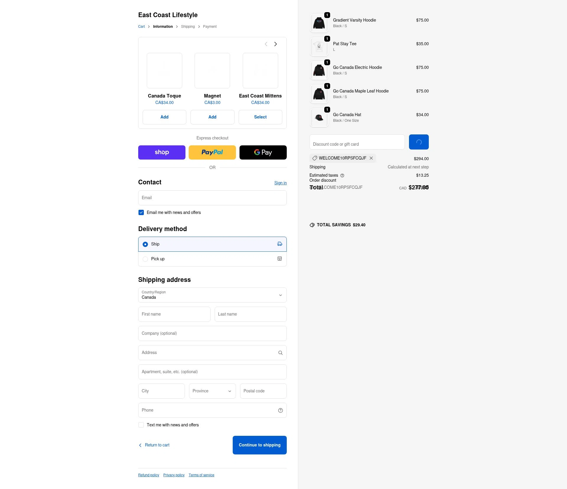 East Coast Lifestyle checkout page showing East Coast Lifestyle promo code box | Screenshot taken by SimplyCodes community member on Feb 13, 2026