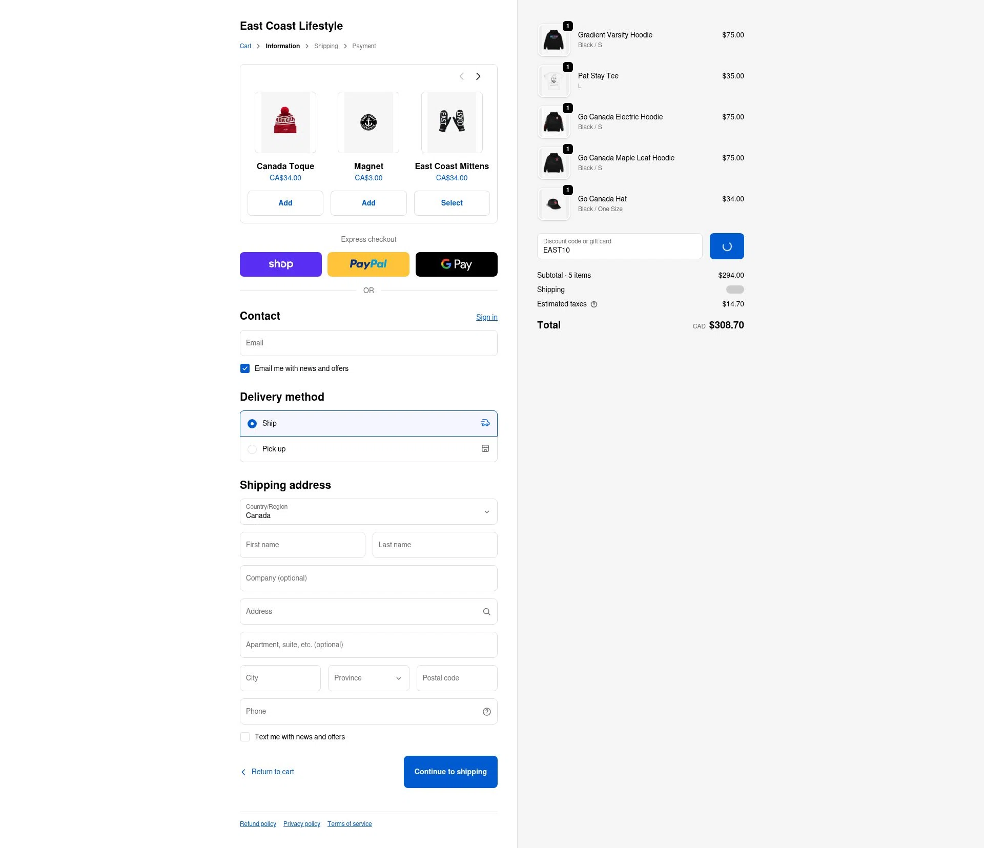 East Coast Lifestyle checkout page showing East Coast Lifestyle promo code box | Screenshot taken by SimplyCodes community member on Feb 13, 2026
