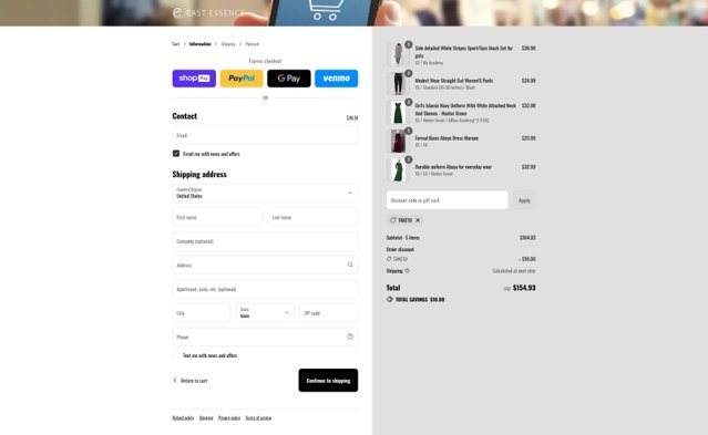 EastEssence checkout page showing EastEssence promo code box | Screenshot taken by SimplyCodes community member on Aug 27, 2025