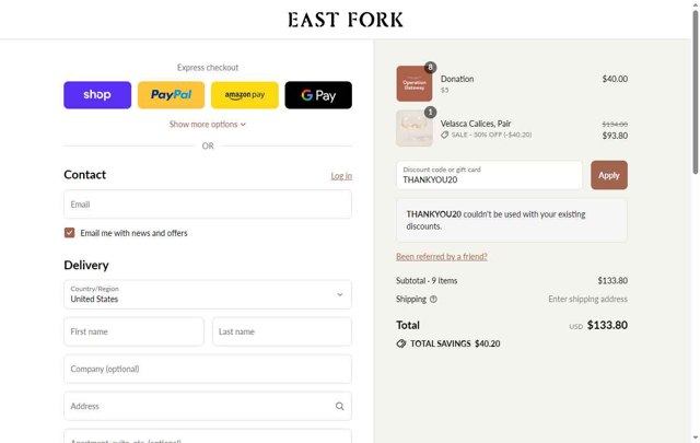East Fork checkout page showing East Fork discount code box | Screenshot taken by SimplyCodes community member on Aug 29, 2025