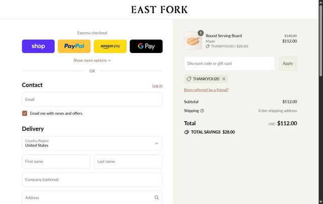 East Fork checkout page showing East Fork discount code box | Screenshot taken by SimplyCodes community member on Sep 1, 2025