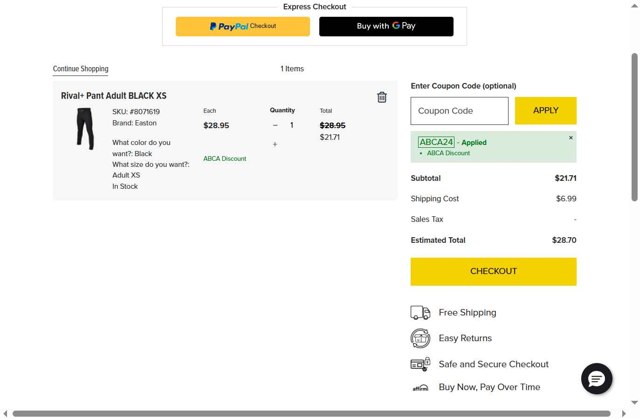 Easton checkout page showing Easton coupon code box | Screenshot taken by SimplyCodes community member on Aug 12, 2025