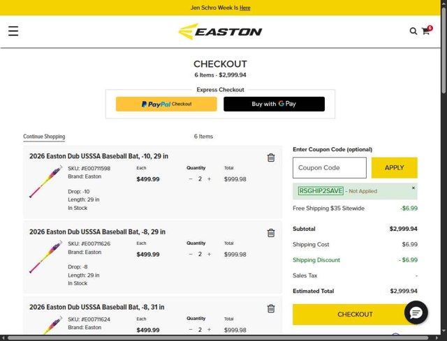 Easton checkout page showing Easton coupon code box | Screenshot taken by SimplyCodes community member on Aug 23, 2025
