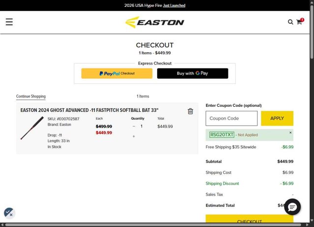 Easton checkout page showing Easton coupon code box | Screenshot taken by SimplyCodes community member on Aug 12, 2025
