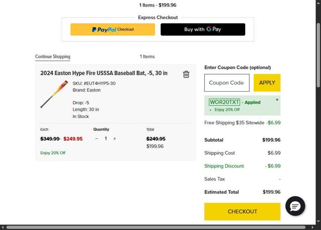 Easton checkout page showing Easton coupon code box | Screenshot taken by SimplyCodes community member on Aug 21, 2025
