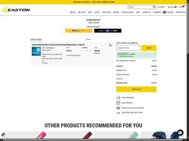 Easton checkout page showing Easton coupon code box | Screenshot taken by SimplyCodes community member on Aug 26, 2025