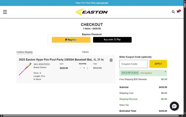 Easton checkout page showing Easton coupon code box | Screenshot taken by SimplyCodes community member on Jul 31, 2025