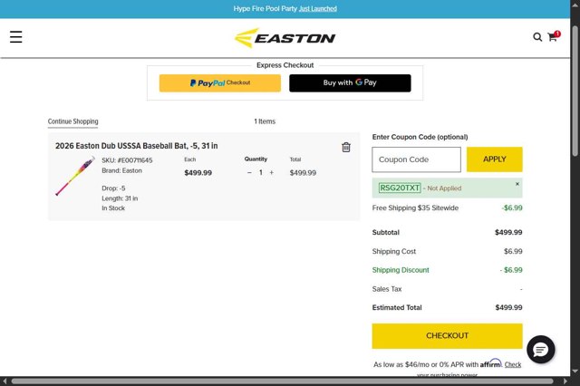 Easton checkout page showing Easton coupon code box | Screenshot taken by SimplyCodes community member on Jul 31, 2025