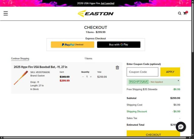 Easton checkout page showing Easton coupon code box | Screenshot taken by SimplyCodes community member on Aug 14, 2025