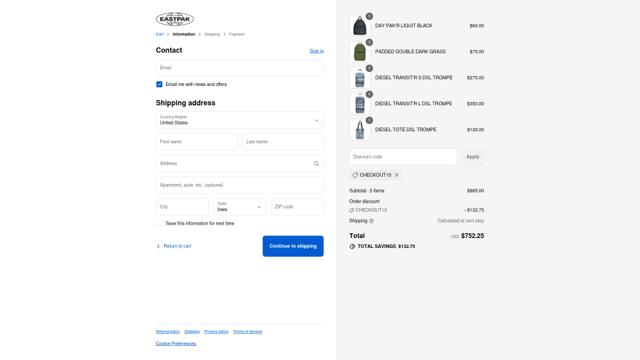 Eastpak checkout page showing Eastpak discount code box | Screenshot taken by SimplyCodes community member on Sep 12, 2025