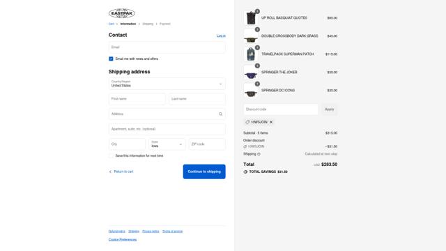 Eastpak checkout page showing Eastpak discount code box | Screenshot taken by SimplyCodes community member on Sep 3, 2025