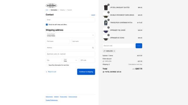 Eastpak checkout page showing Eastpak discount code box | Screenshot taken by SimplyCodes community member on Sep 3, 2025