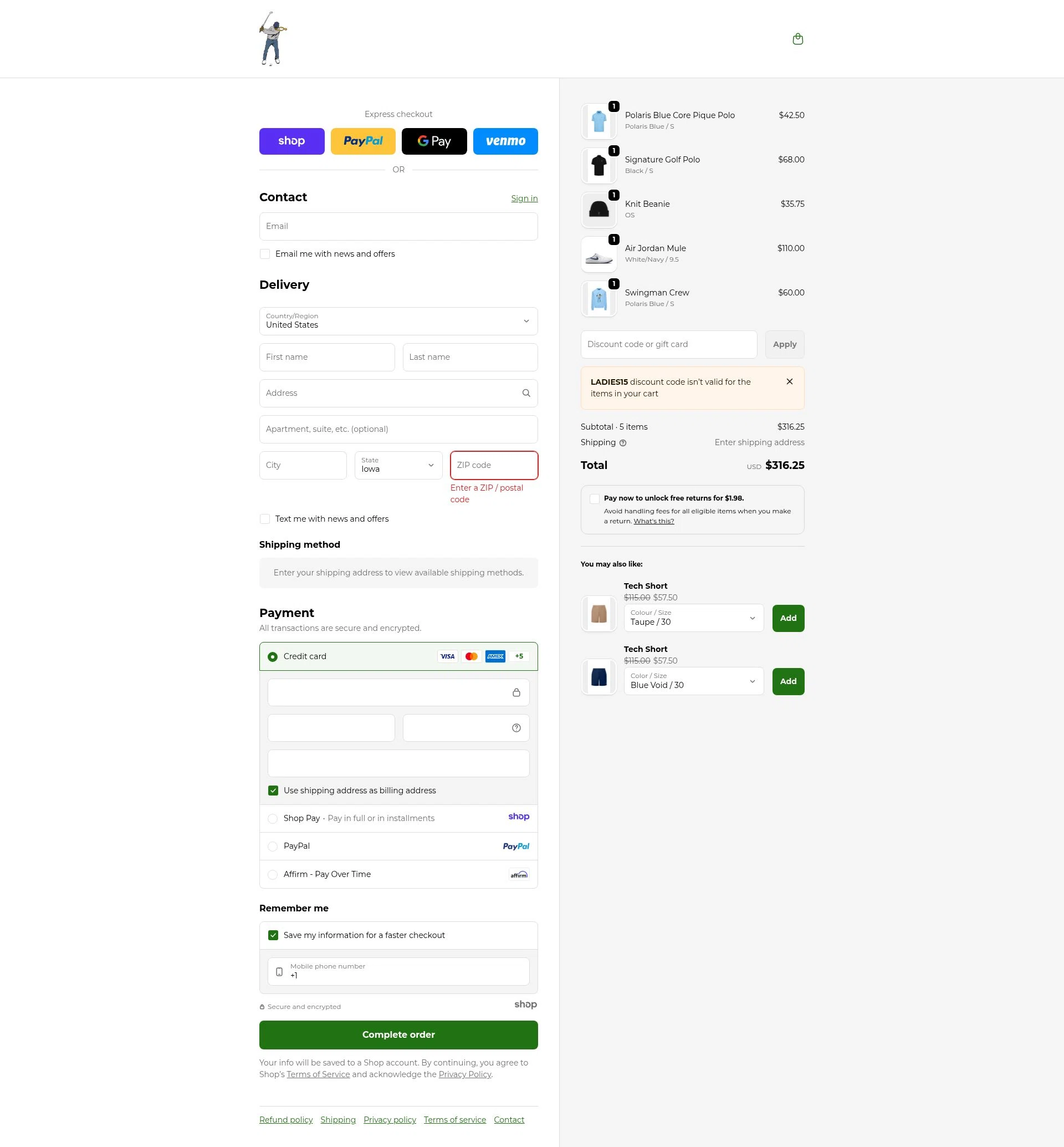 Eastside Golf checkout page showing Eastside Golf promo code box | Screenshot taken by SimplyCodes community member on Dec 28, 2025