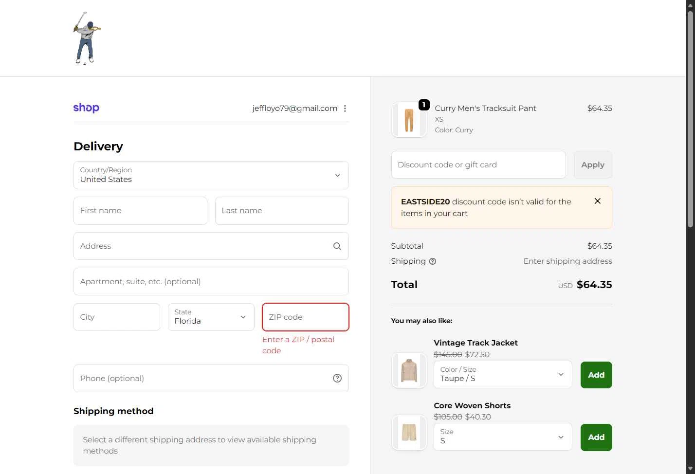 Eastside Golf checkout page showing Eastside Golf promo code box | Screenshot taken by SimplyCodes community member on Dec 30, 2025
