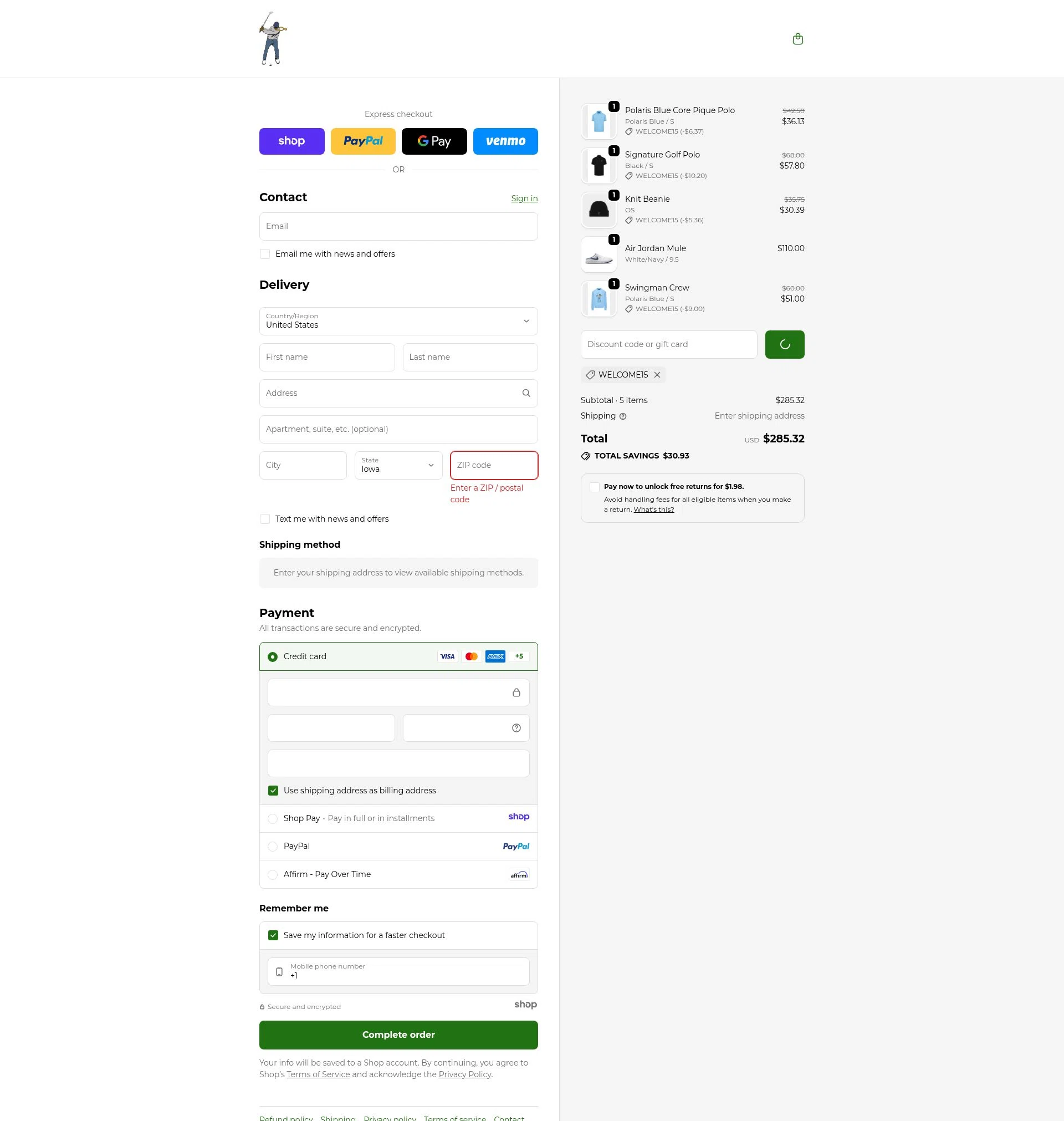 Eastside Golf checkout page showing Eastside Golf promo code box | Screenshot taken by SimplyCodes community member on Dec 28, 2025