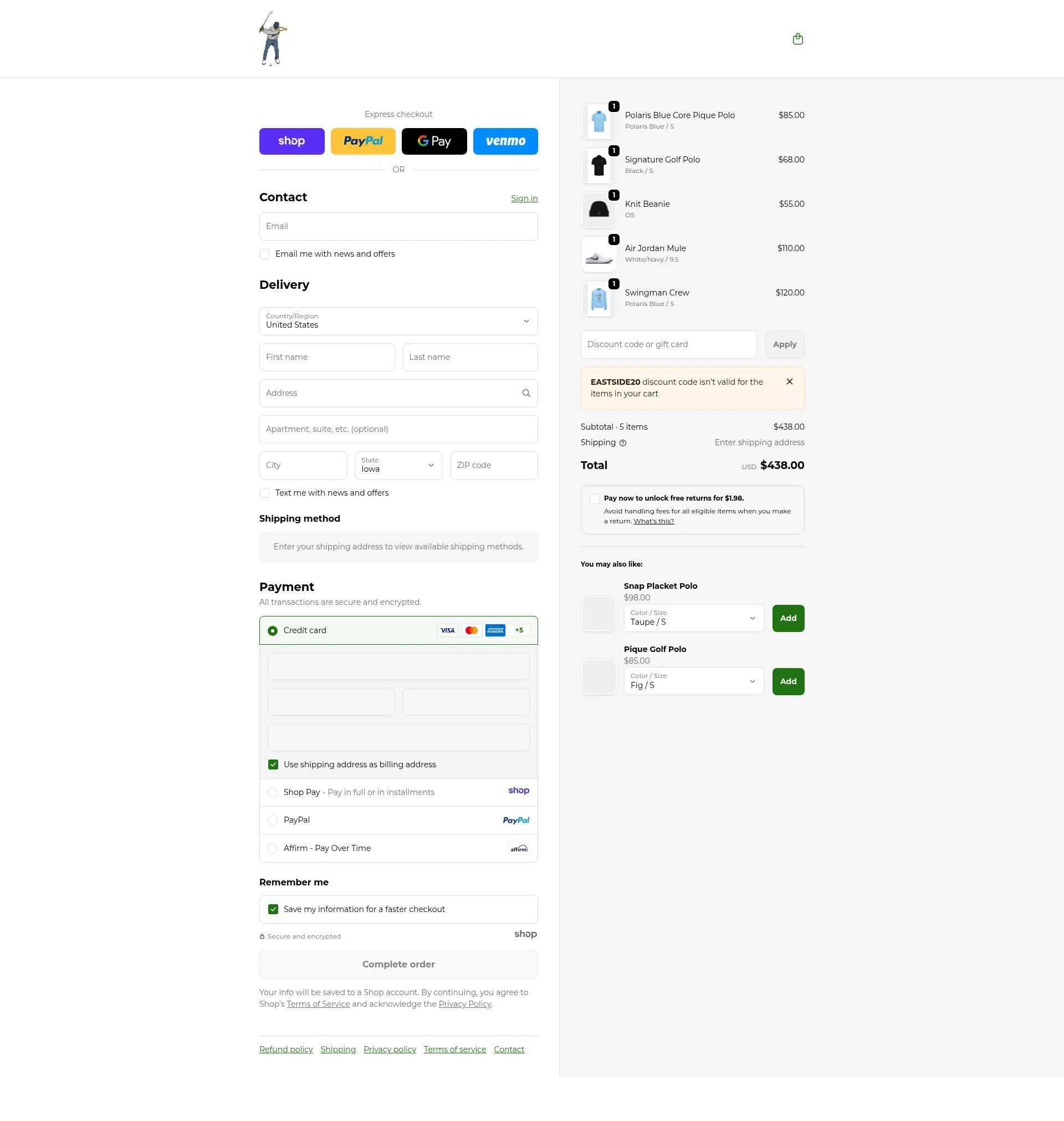 Eastside Golf checkout page showing Eastside Golf promo code box | Screenshot taken by SimplyCodes community member on Dec 23, 2025