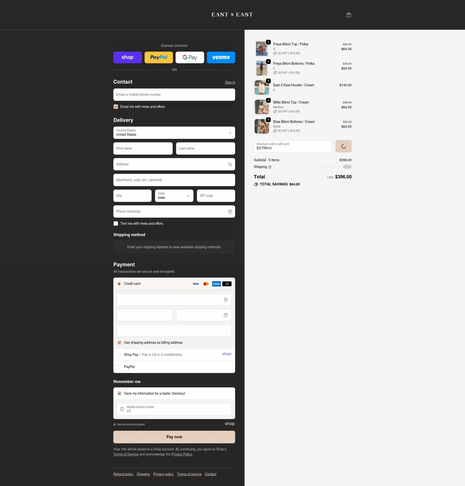 East x East checkout page showing East x East promo code box | Screenshot taken by SimplyCodes community member on Dec 31, 2025