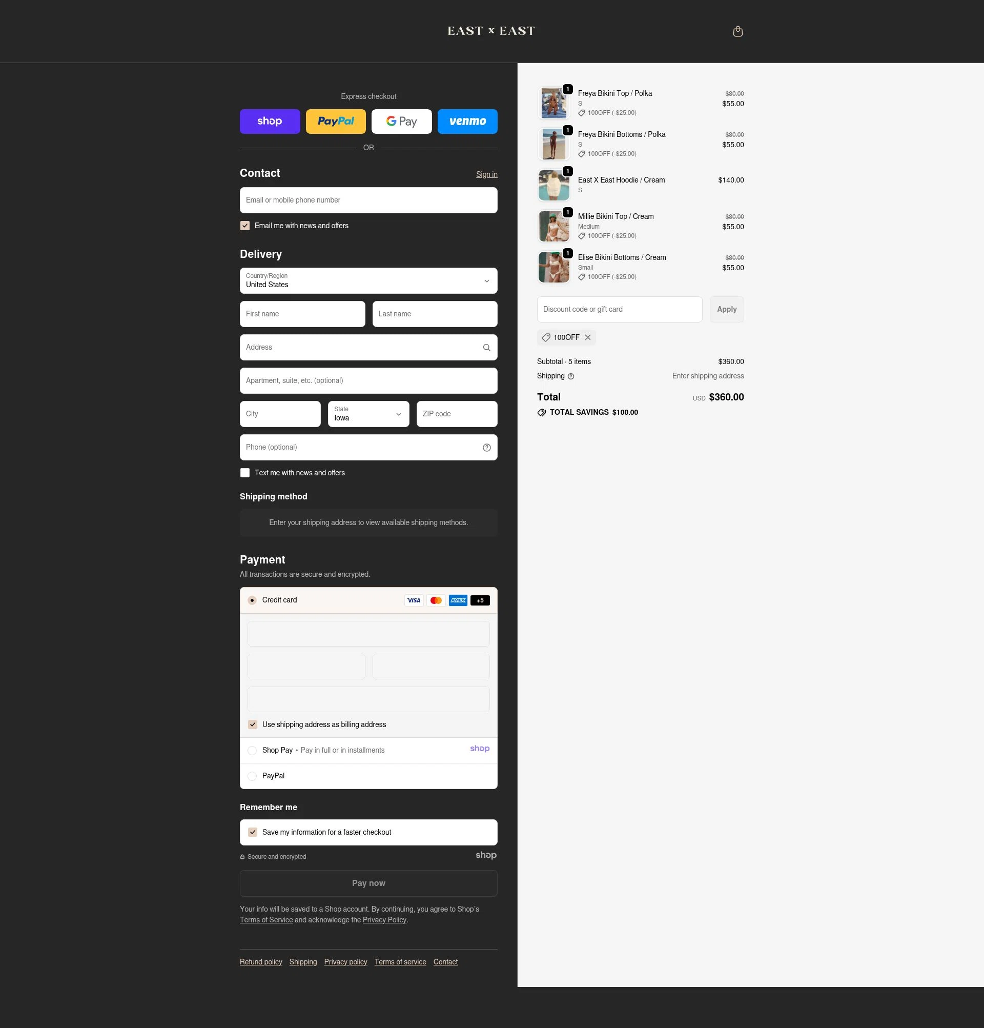 East x East checkout page showing East x East promo code box | Screenshot taken by SimplyCodes community member on Dec 31, 2025