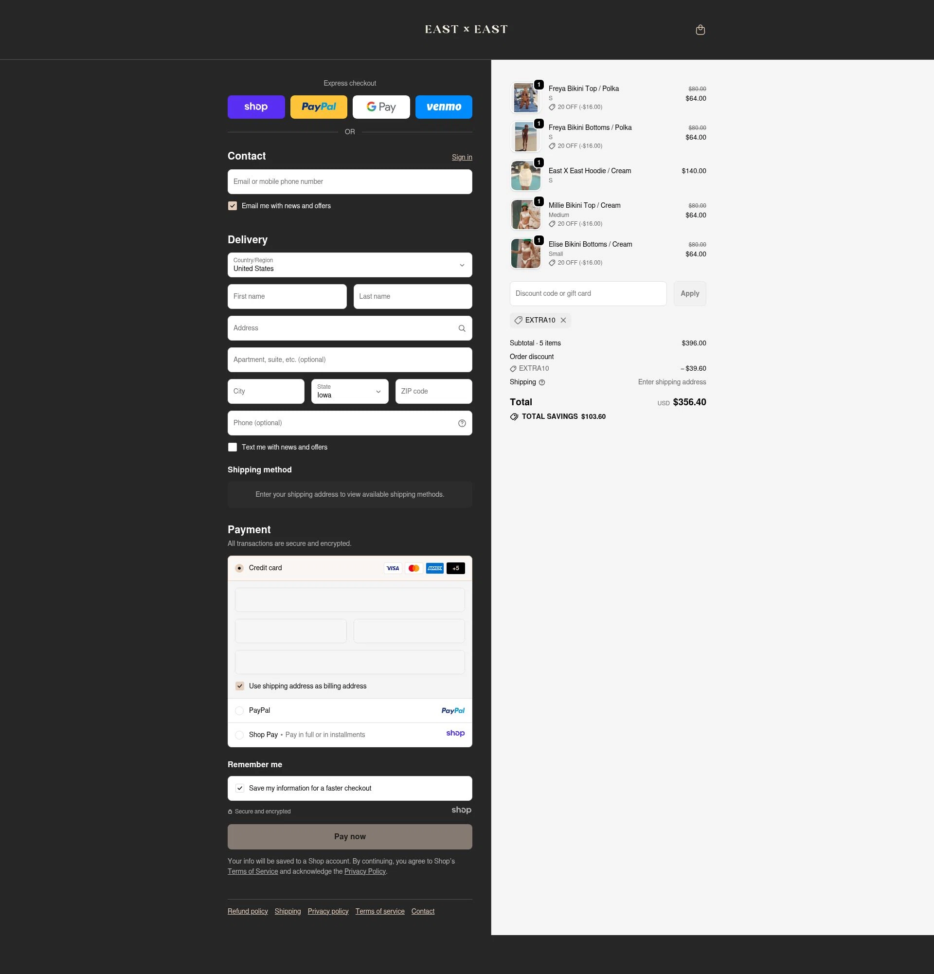 East x East checkout page showing East x East promo code box | Screenshot taken by SimplyCodes community member on Dec 13, 2025