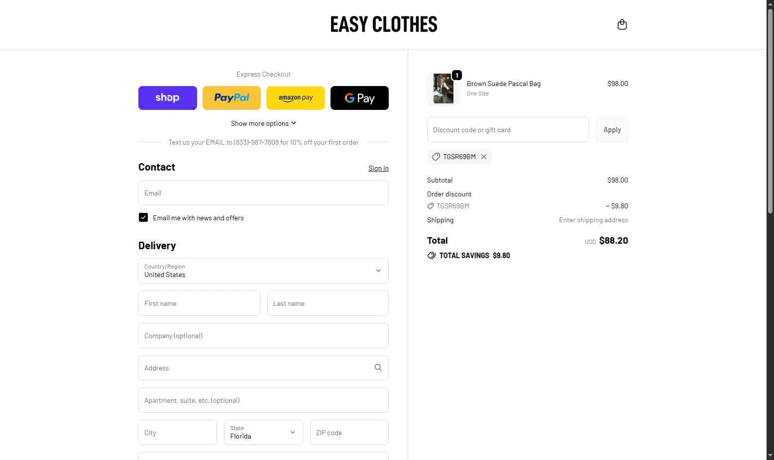 Easy Clothes checkout page showing Easy Clothes discount code box | Screenshot taken by SimplyCodes community member on Feb 11, 2026