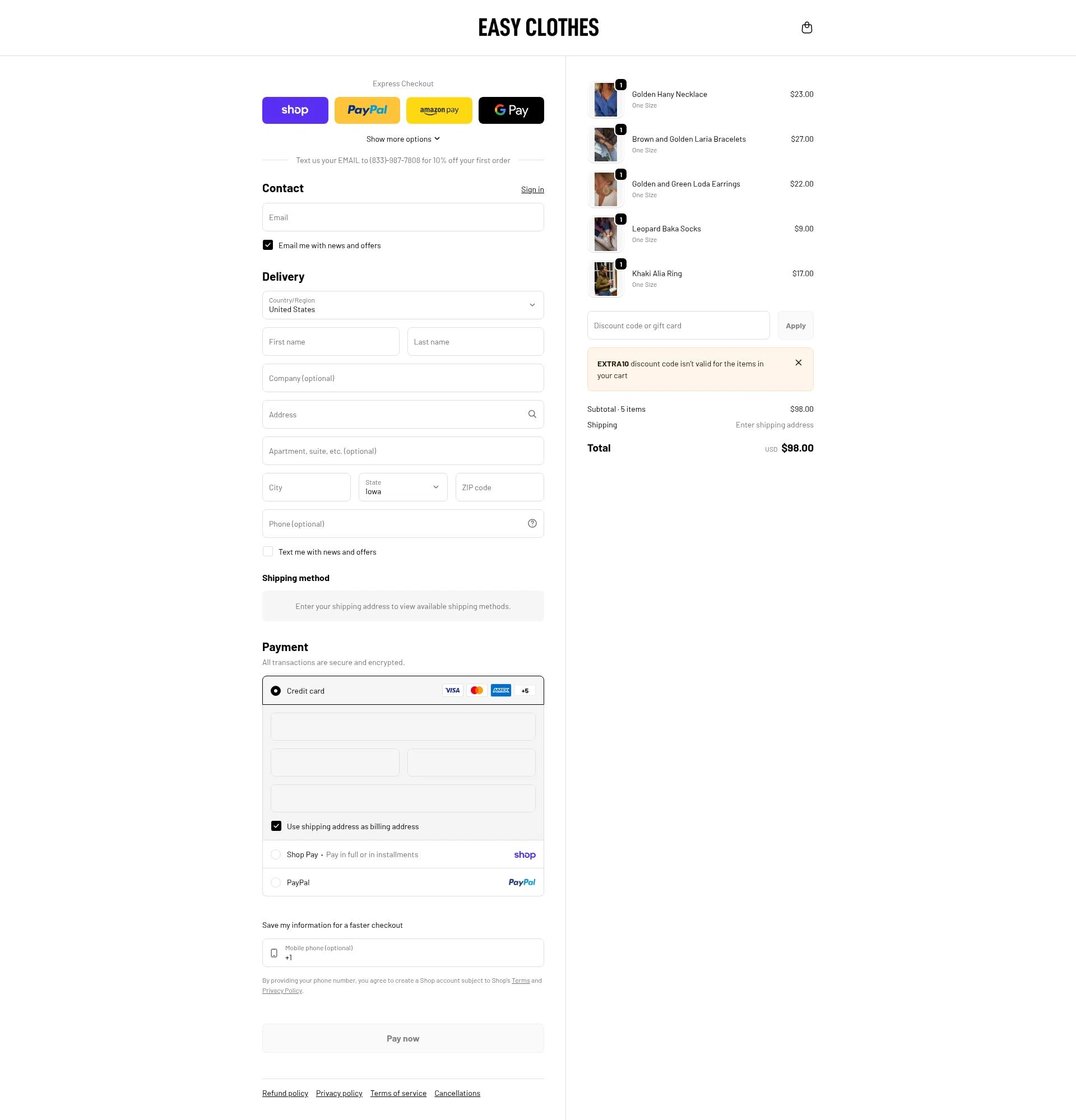Easy Clothes checkout page showing Easy Clothes discount code box | Screenshot taken by SimplyCodes community member on Feb 8, 2026