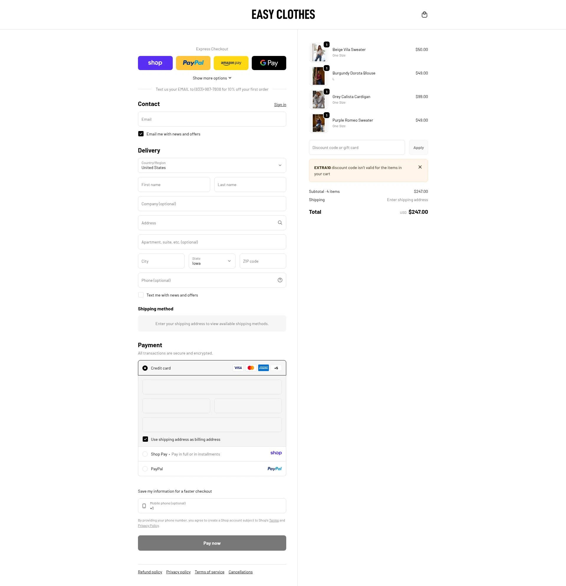 Easy Clothes checkout page showing Easy Clothes discount code box | Screenshot taken by SimplyCodes community member on Jan 18, 2026