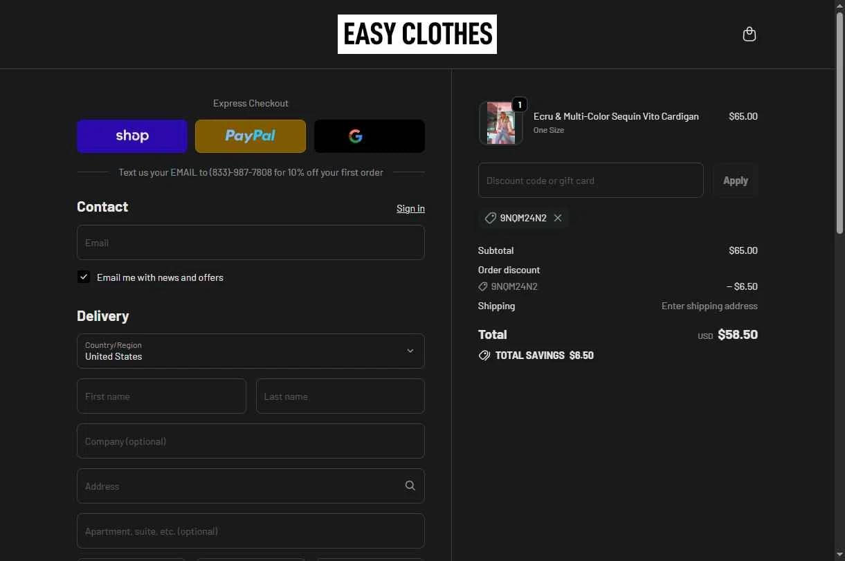 Easy Clothes checkout page showing Easy Clothes discount code box | Screenshot taken by SimplyCodes community member on Feb 2, 2026