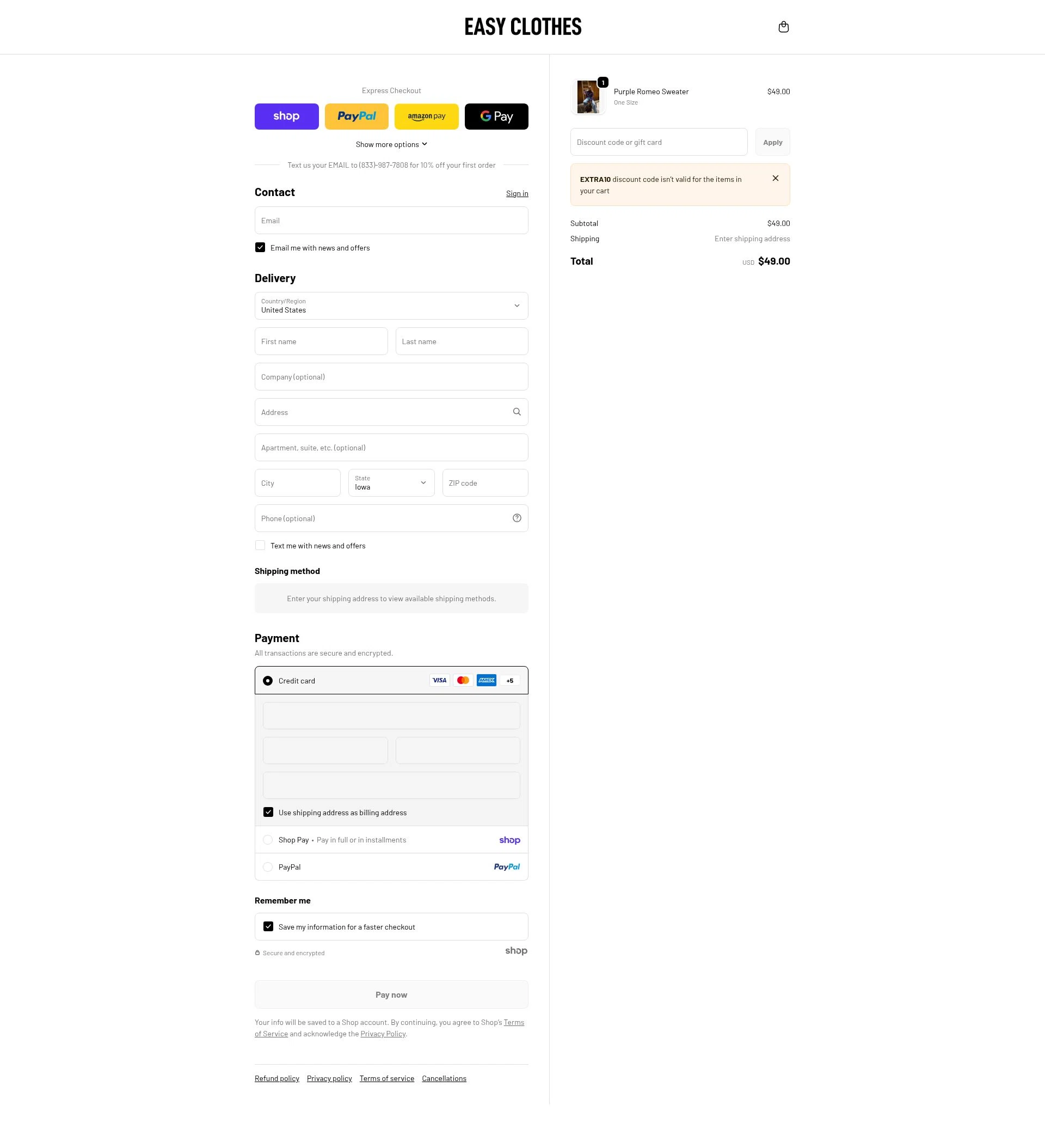 Easy Clothes checkout page showing Easy Clothes discount code box | Screenshot taken by SimplyCodes community member on Jan 27, 2026