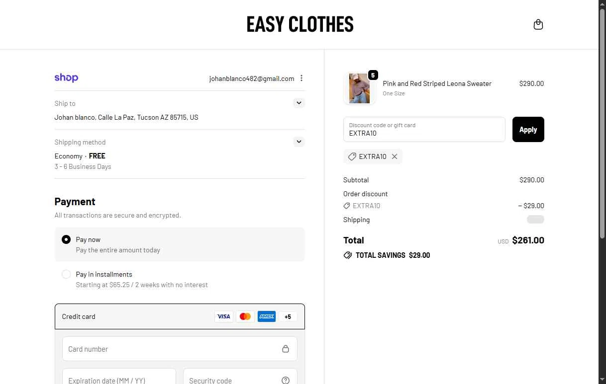 Easy Clothes checkout page showing Easy Clothes discount code box | Screenshot taken by SimplyCodes community member on Feb 8, 2026