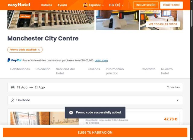 EasyHotel checkout page showing EasyHotel promo code box | Screenshot taken by SimplyCodes community member on Aug 20, 2025