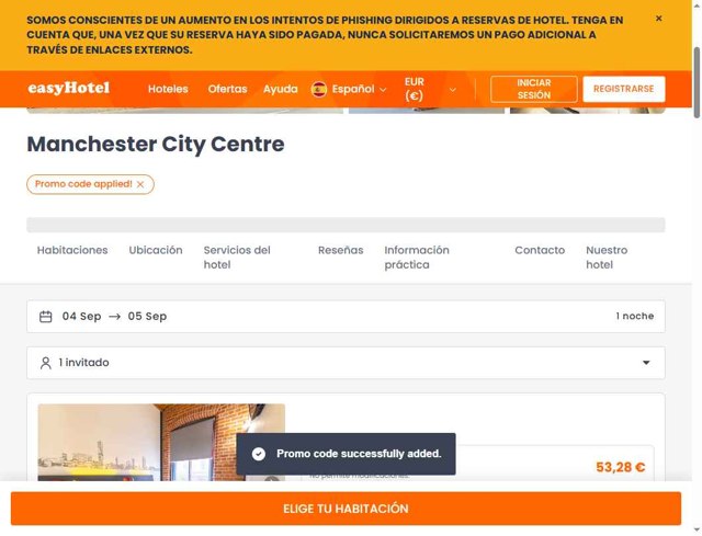 EasyHotel checkout page showing EasyHotel promo code box | Screenshot taken by SimplyCodes community member on Sep 4, 2025
