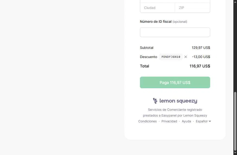 Easypanel checkout page showing Easypanel discount code box | Screenshot taken by SimplyCodes community member on Nov 17, 2025