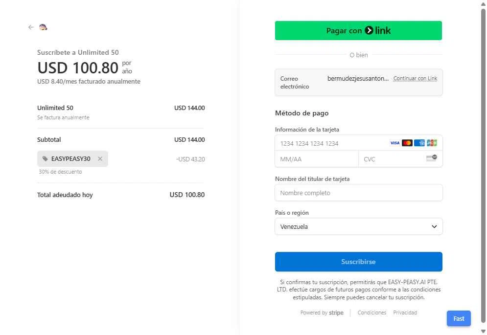 Easy-Peasy.AI checkout page showing Easy-Peasy.AI promo code box | Screenshot taken by SimplyCodes community member on Jul 14, 2025