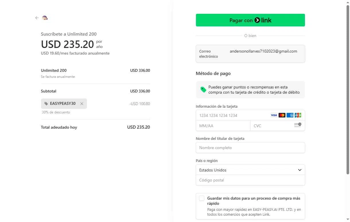 Easy-Peasy.AI checkout page showing Easy-Peasy.AI promo code box | Screenshot taken by SimplyCodes community member on Aug 11, 2025