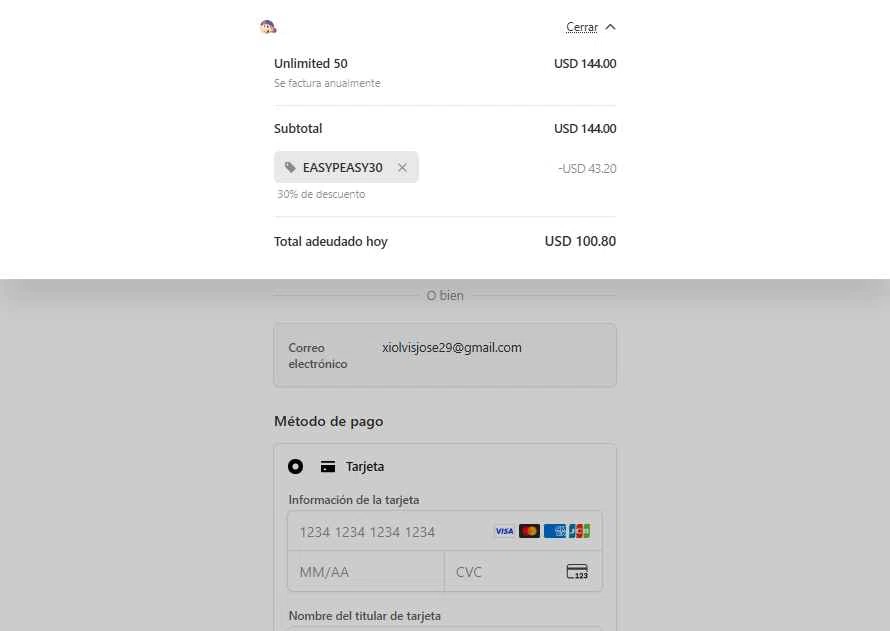 Easy-Peasy.AI checkout page showing Easy-Peasy.AI promo code box | Screenshot taken by SimplyCodes community member on Sep 9, 2025