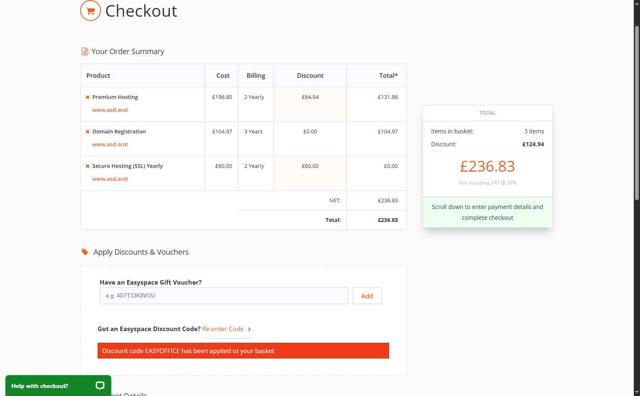 EasySpace checkout page showing EasySpace promo code box | Screenshot taken by SimplyCodes community member on Jul 9, 2025