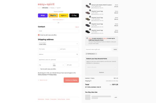 Easy Spirit checkout page showing Easy Spirit discount code box | Screenshot taken by SimplyCodes community member on Sep 9, 2025