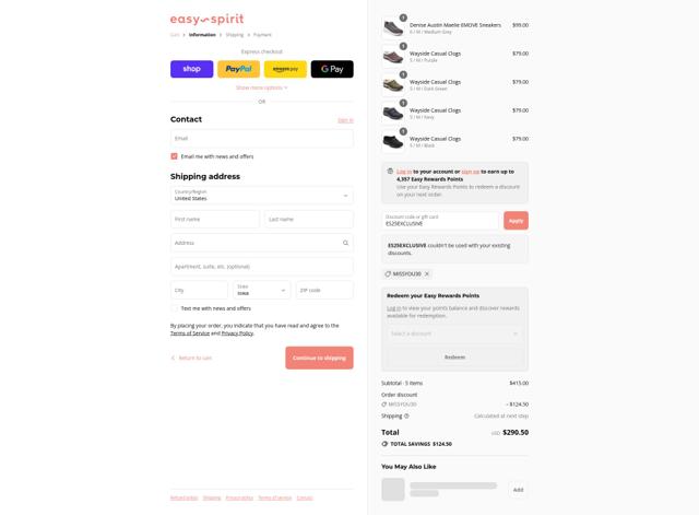 Easy Spirit checkout page showing Easy Spirit discount code box | Screenshot taken by SimplyCodes community member on Sep 9, 2025