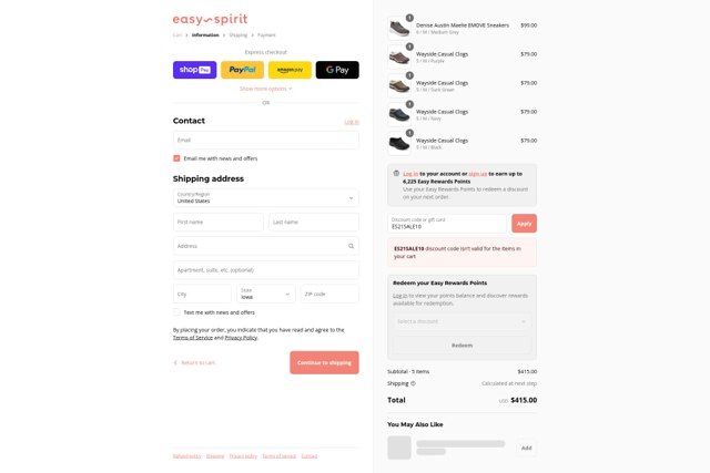 Easy Spirit checkout page showing Easy Spirit discount code box | Screenshot taken by SimplyCodes community member on Aug 27, 2025