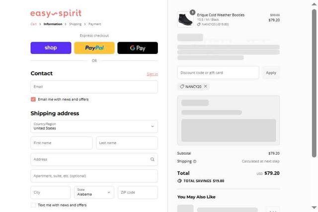 Easy Spirit checkout page showing Easy Spirit discount code box | Screenshot taken by SimplyCodes community member on Sep 9, 2025