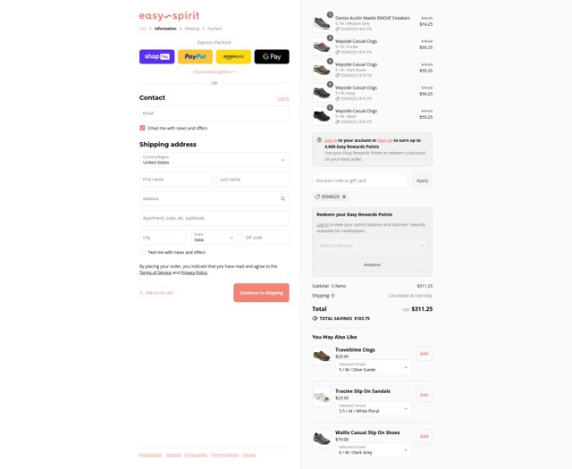 Easy Spirit checkout page showing Easy Spirit discount code box | Screenshot taken by SimplyCodes community member on Aug 27, 2025
