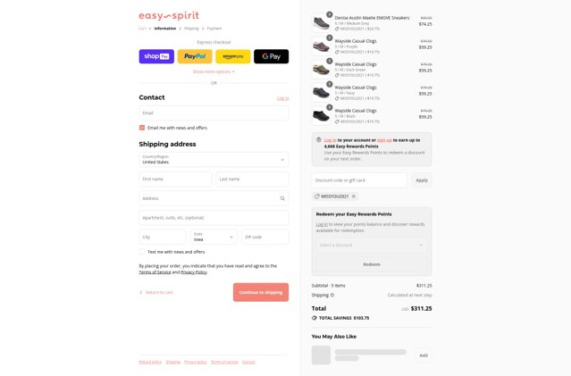 Easy Spirit checkout page showing Easy Spirit discount code box | Screenshot taken by SimplyCodes community member on Aug 27, 2025