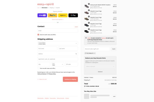 Easy Spirit checkout page showing Easy Spirit discount code box | Screenshot taken by SimplyCodes community member on Aug 27, 2025