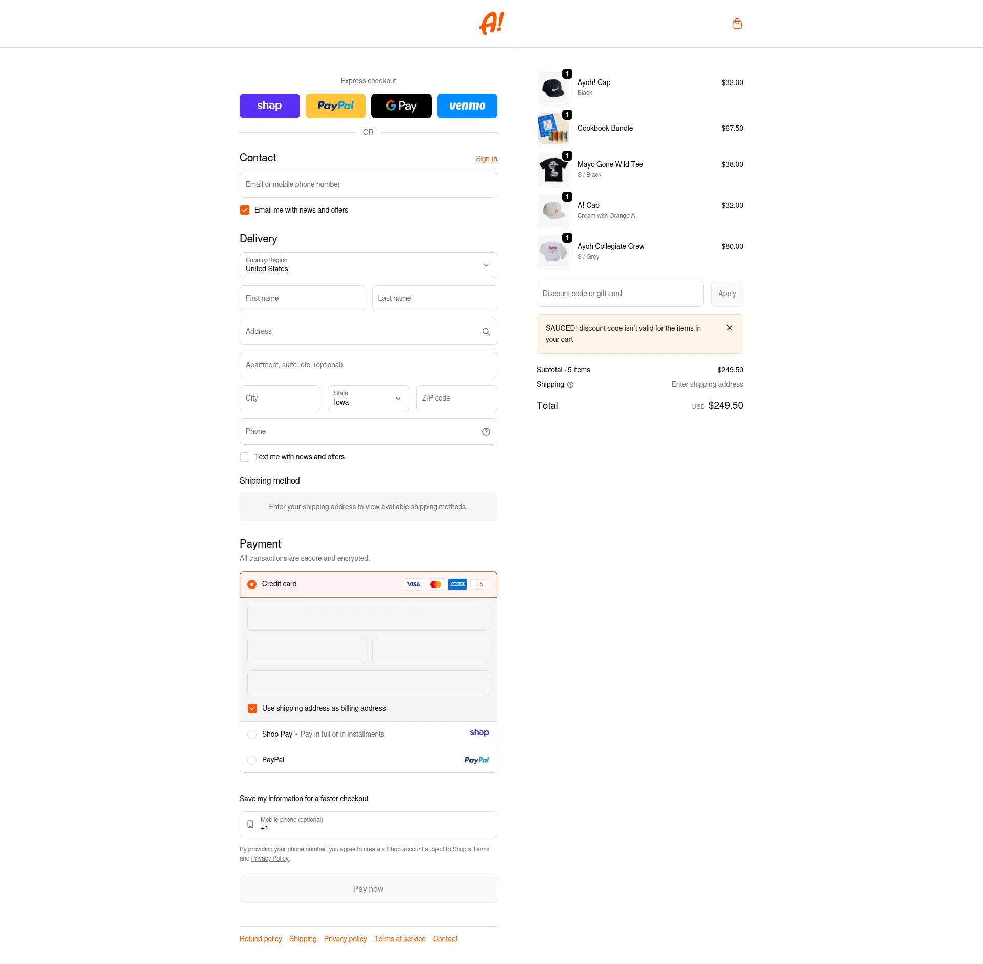 Ayoh! checkout page showing Ayoh! discount code box | Screenshot taken by SimplyCodes community member on Jan 10, 2026
