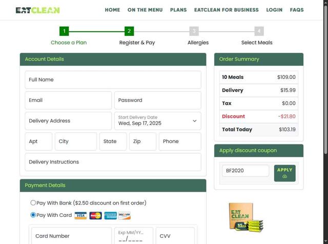 Eat Clean checkout page showing Eat Clean discount code box | Screenshot taken by SimplyCodes community member on Sep 11, 2025