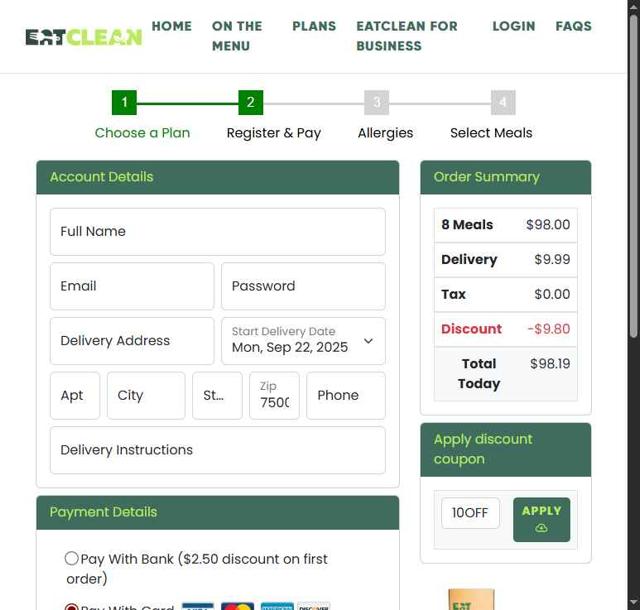 Eat Clean checkout page showing Eat Clean discount code box | Screenshot taken by SimplyCodes community member on Sep 13, 2025